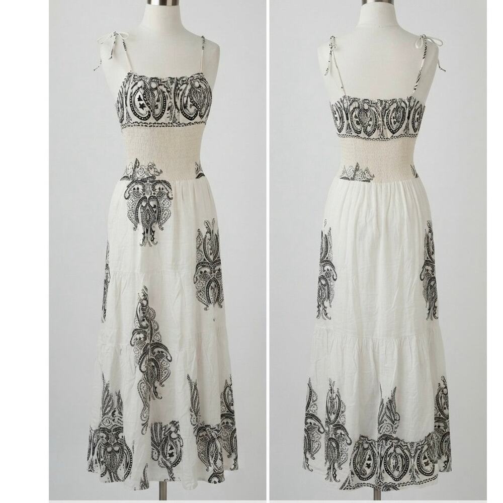 Karma Highway Women's Black White Paisley Smocked Maxi Dress Medium
